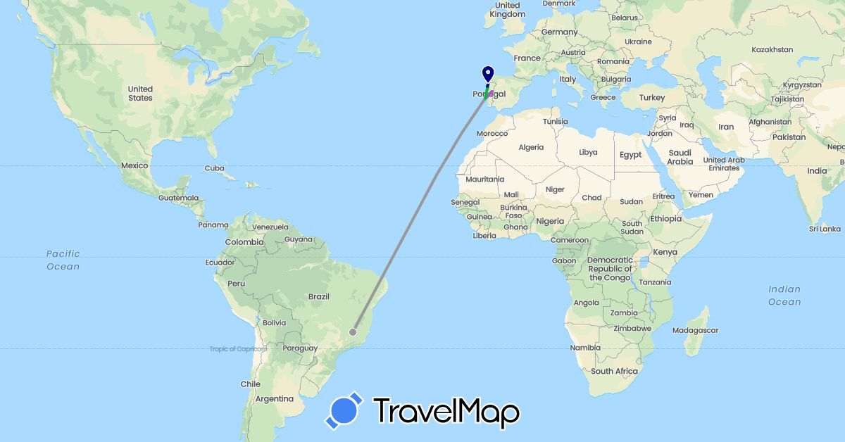 TravelMap itinerary: driving, bus, plane, train in Brazil, Portugal (Europe, South America)